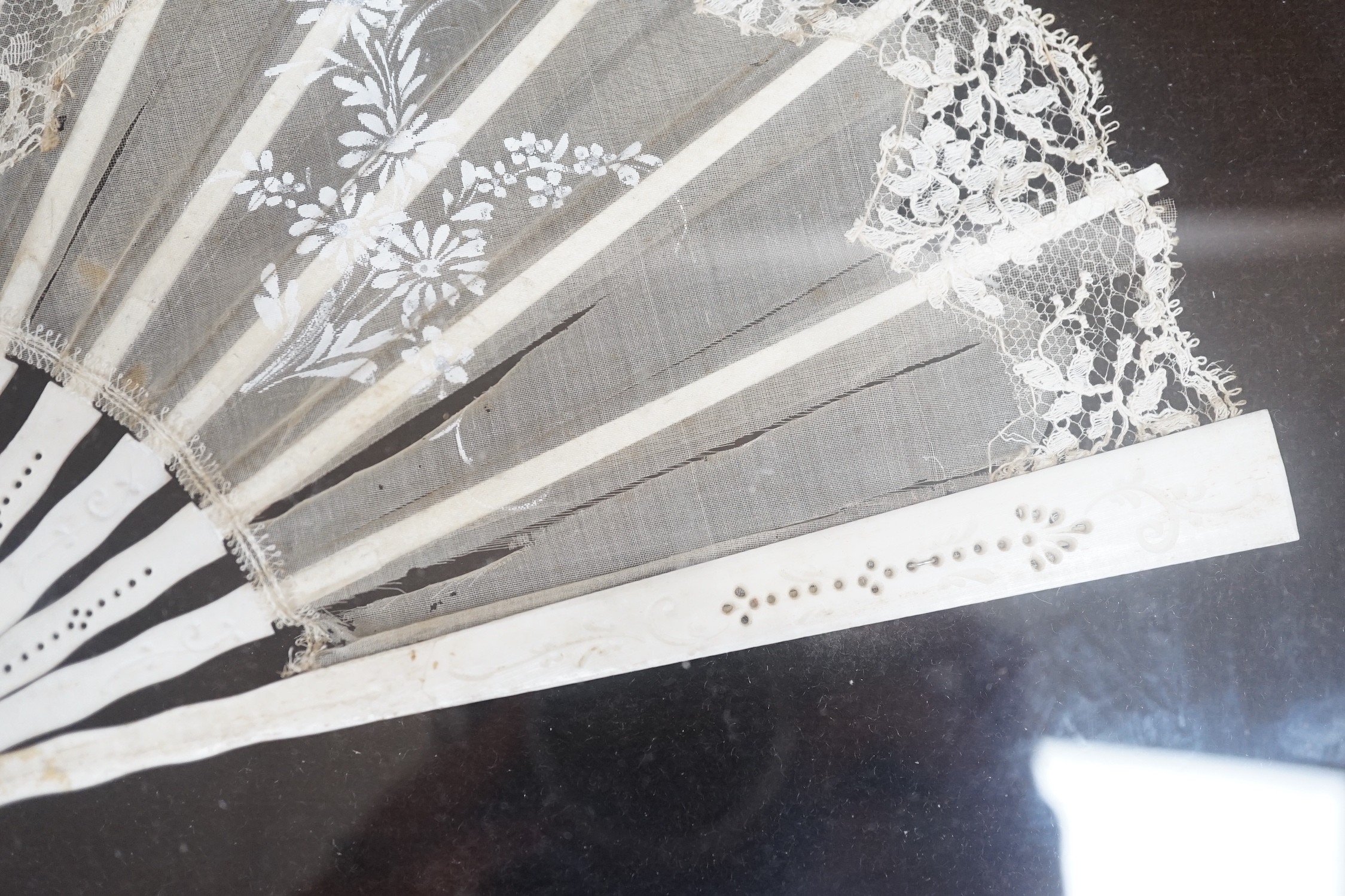 A pair of 19th century cased bone and painted lace fans, 40cm long excl frame